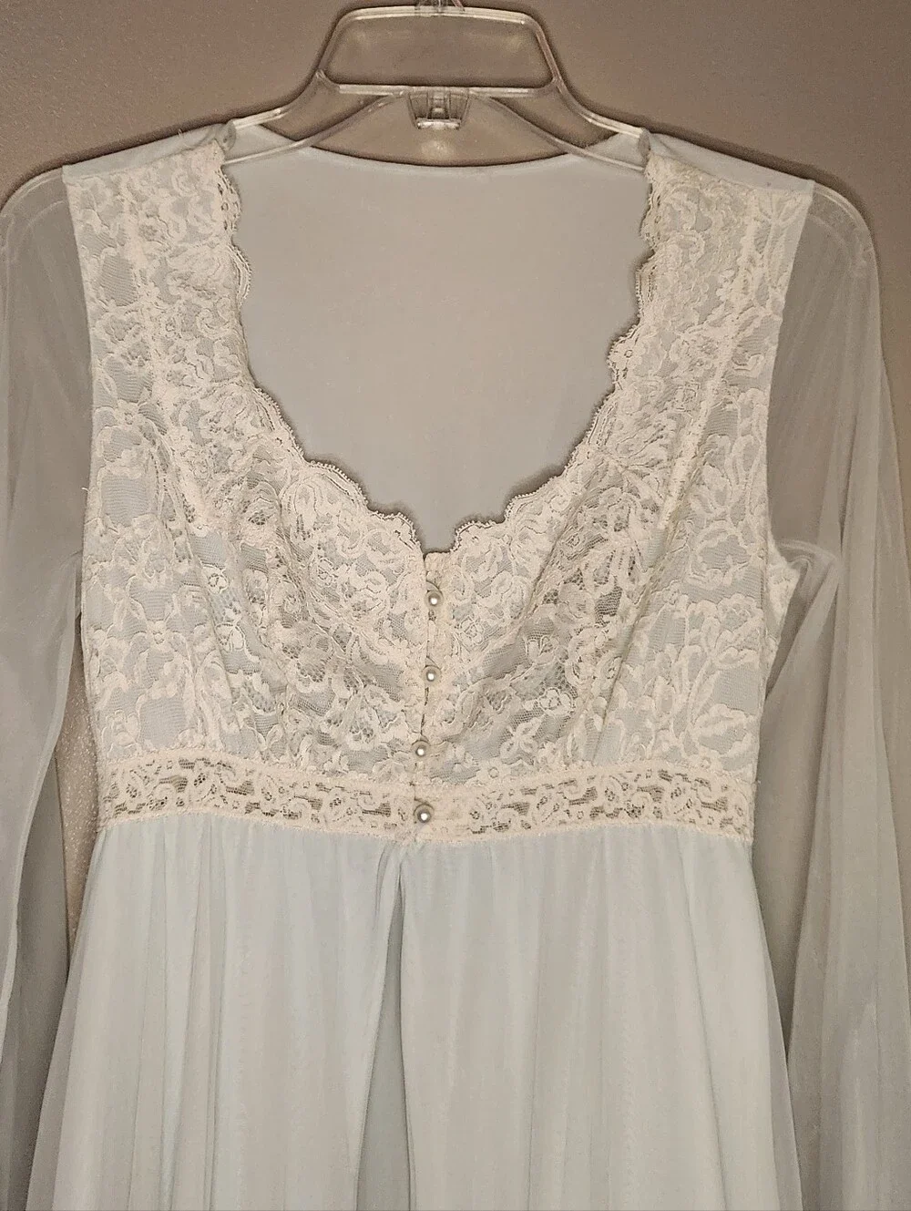 Vintage 60s Ice Blue Sheer Lace Balloon Sleeve Peignoir Robe Sm?